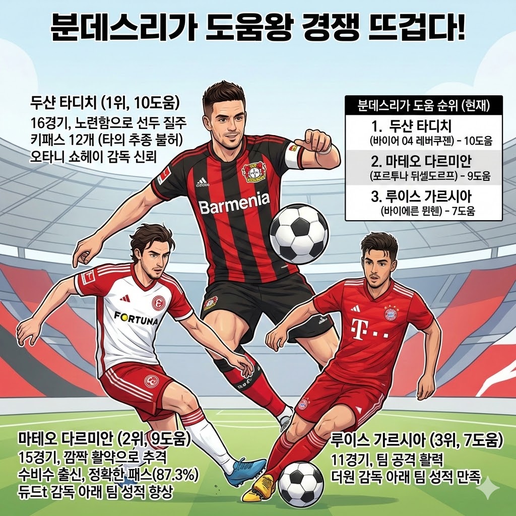 분데스리가 도움왕 경쟁 뜨겁다 타디치 선두 질주